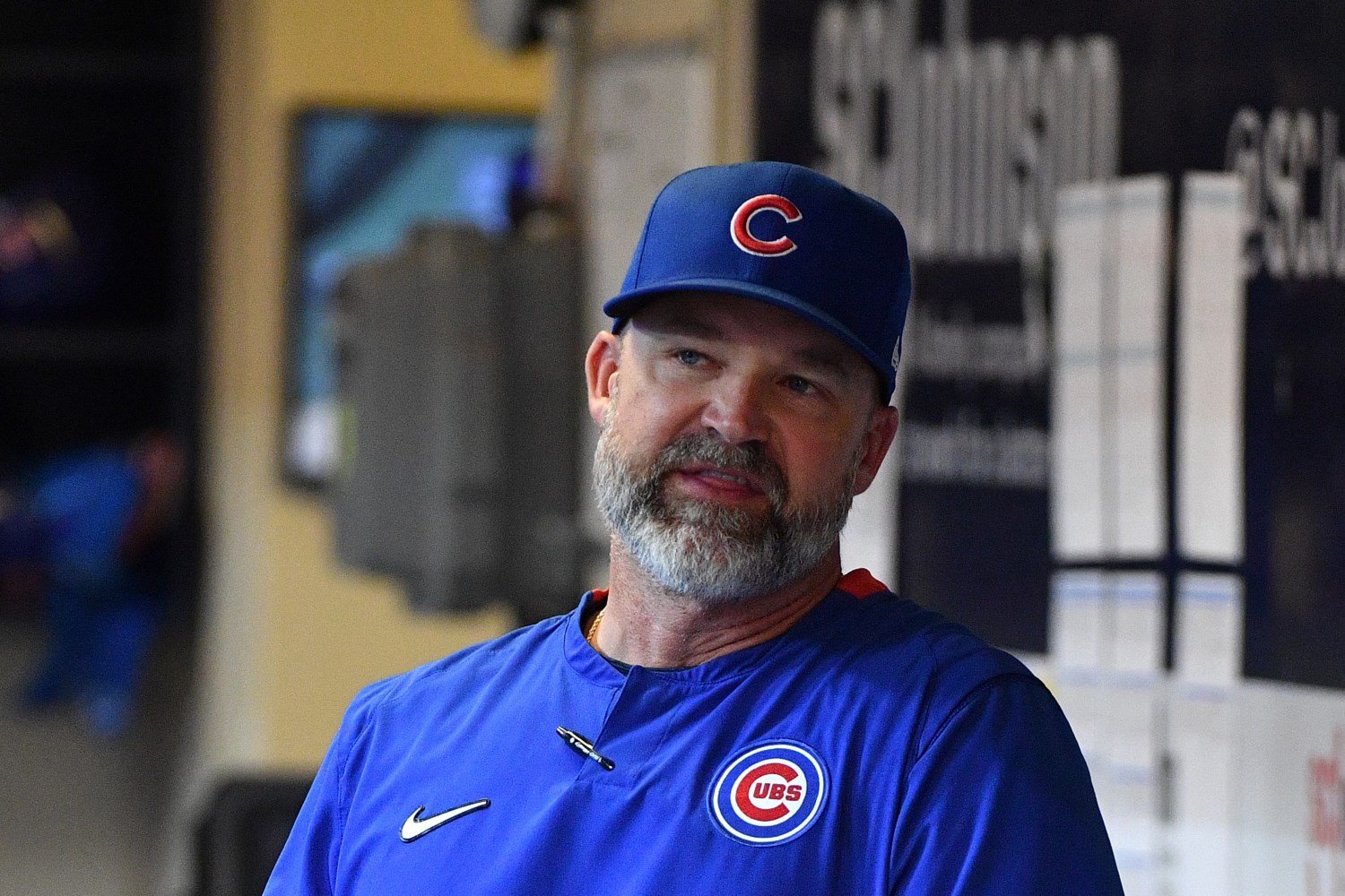 Chicago Cubs catcher David Ross (3) throws the ball back to the